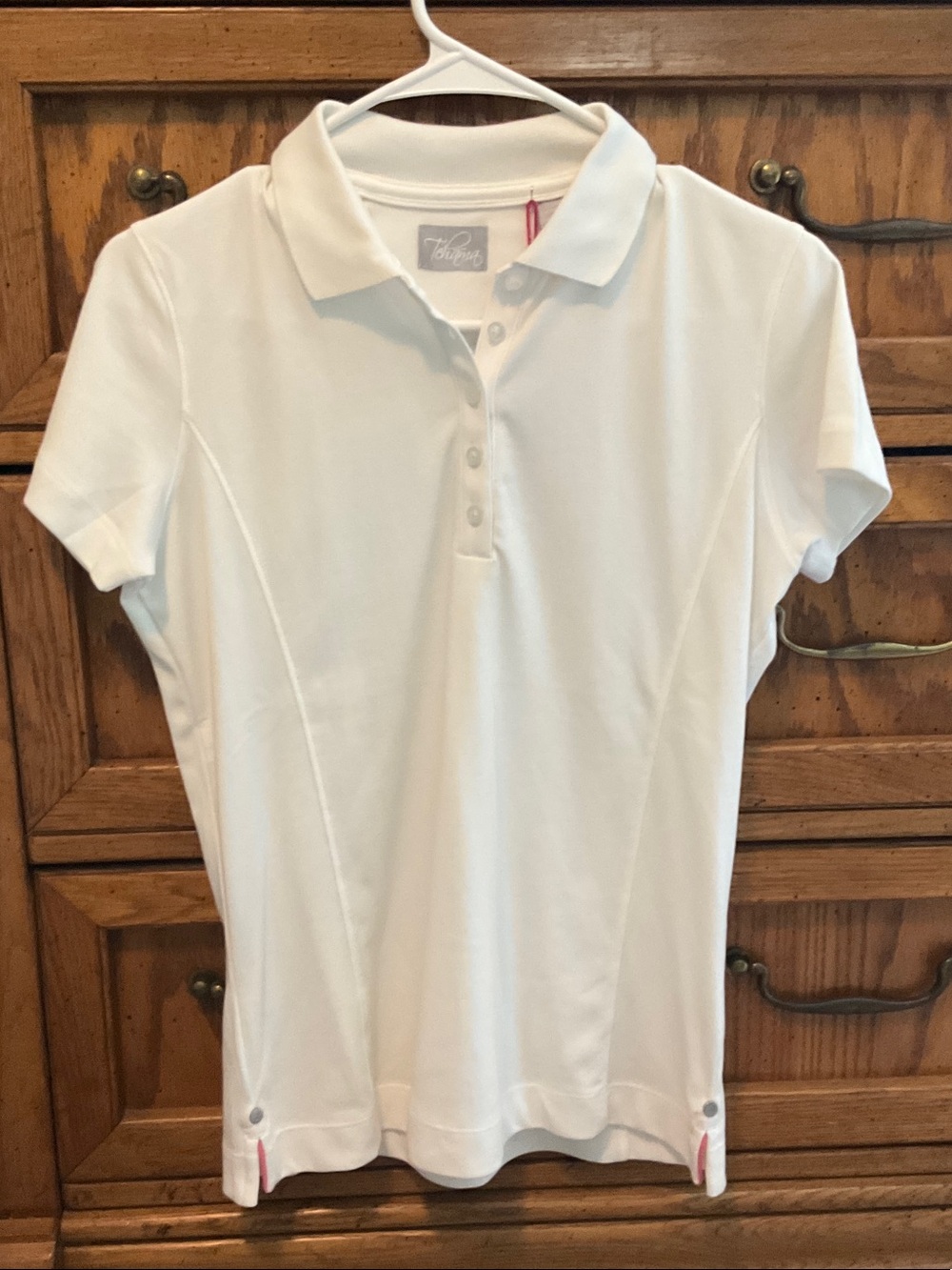 NWT TEHAMA White Polo Top with Subtle Pink Accents